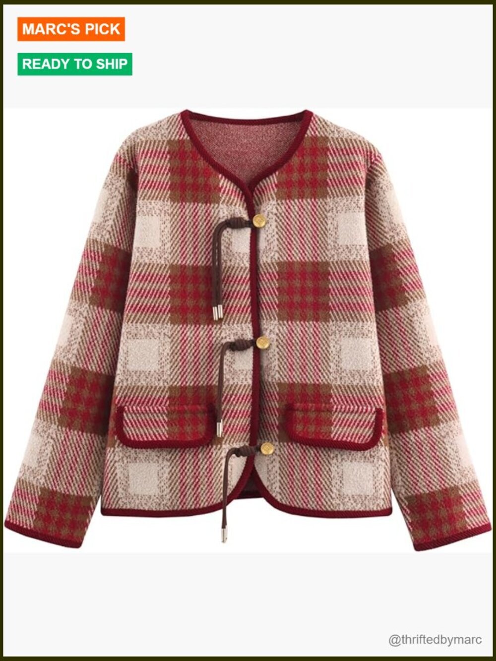 Vintage Button Down Cardigan Sweater Plaid Print Long Sleeve Knit Coat with